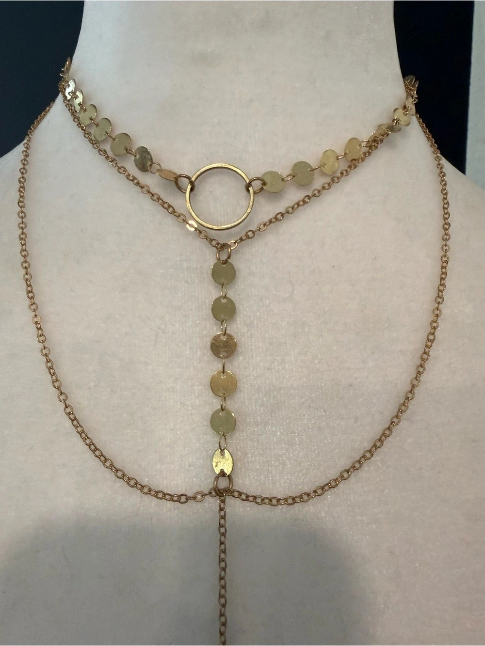 Gold Layered Body Chain Necklace Disc Choker Boho Statement Jewelry Like New